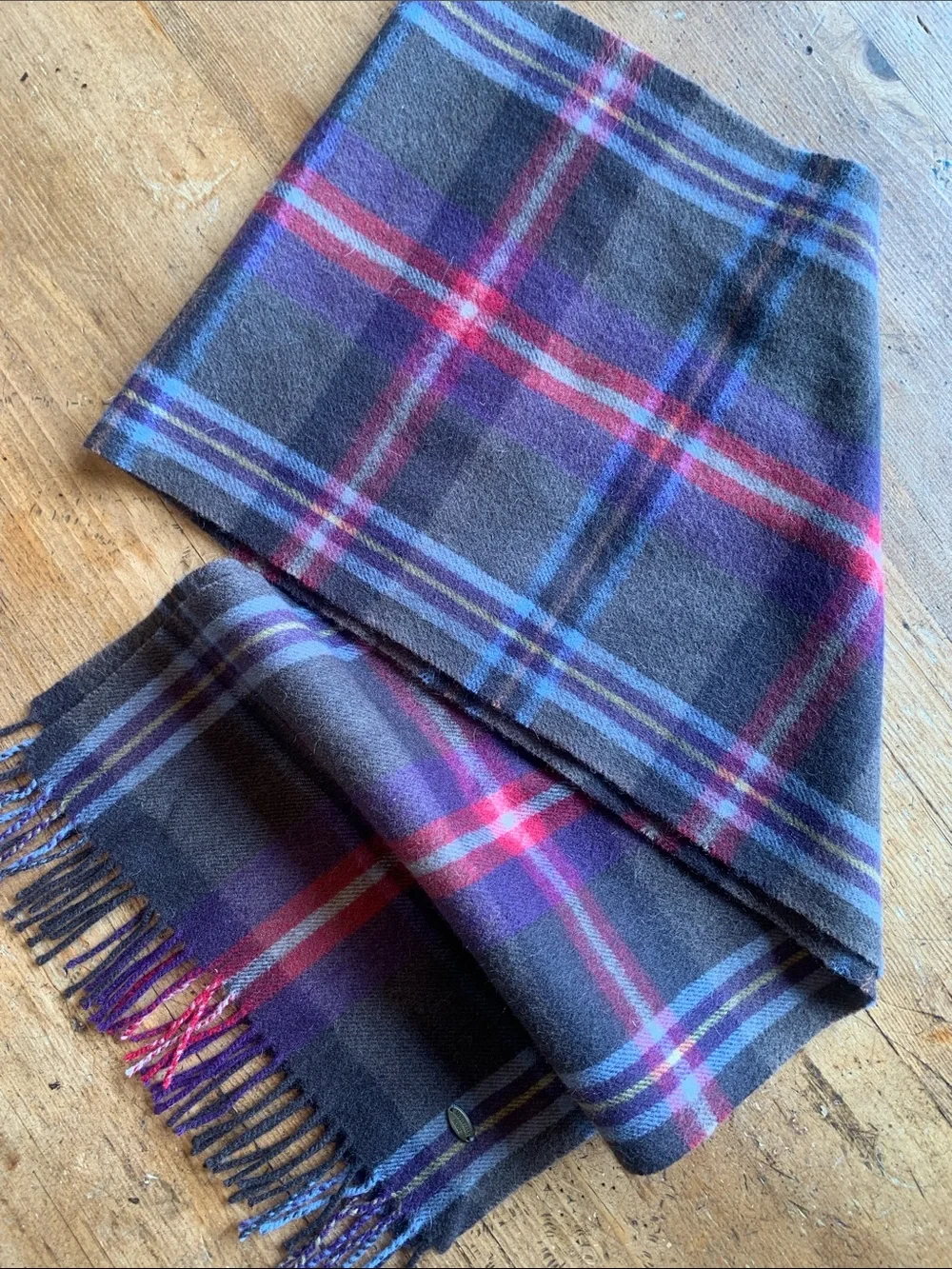 Mountain Horse Wool Blend Plaid Fringe Wool Blend Scarf in Gray, Purple & Red